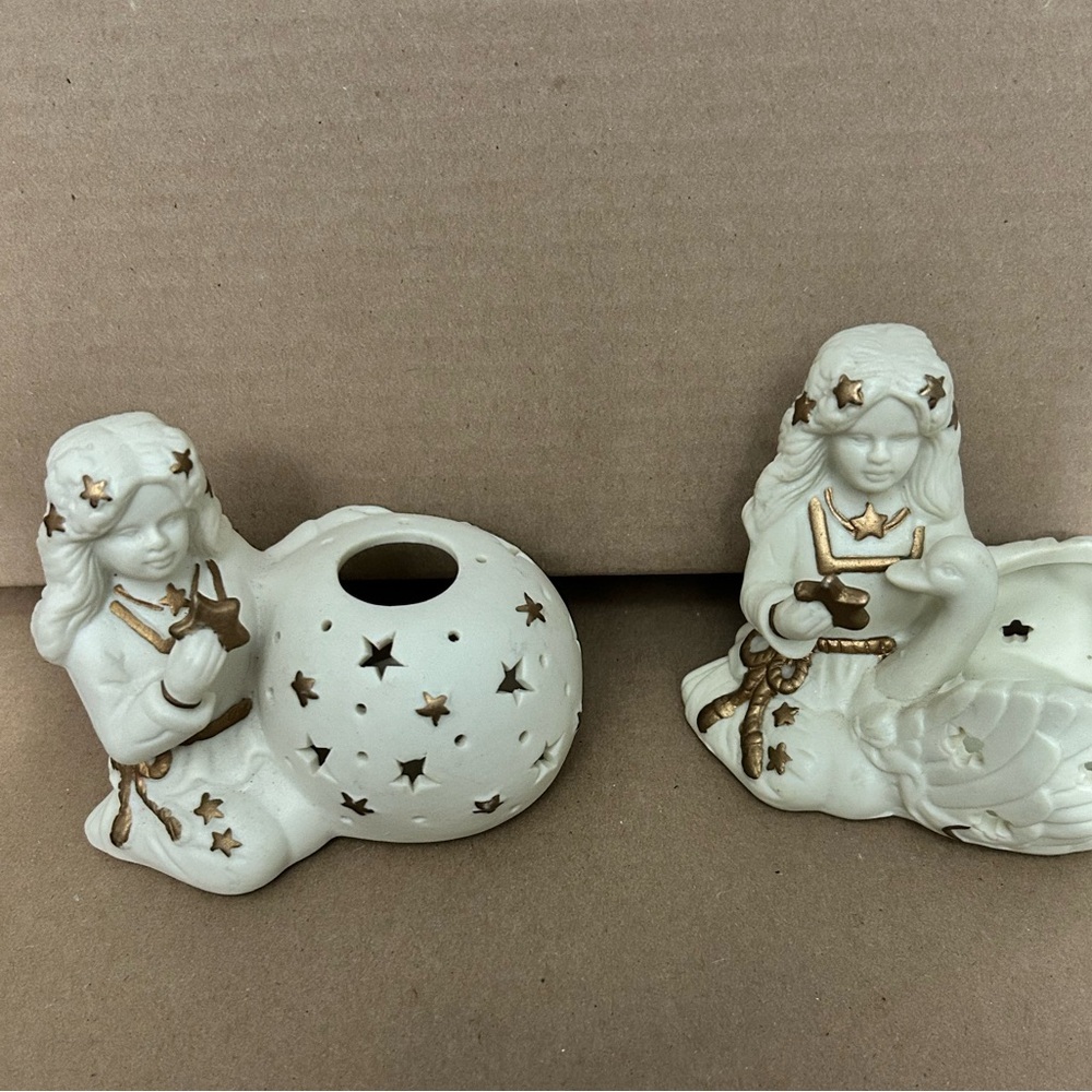 Two vintage Ceramic Angel Candle Holders Christmas- Birthday- decorative